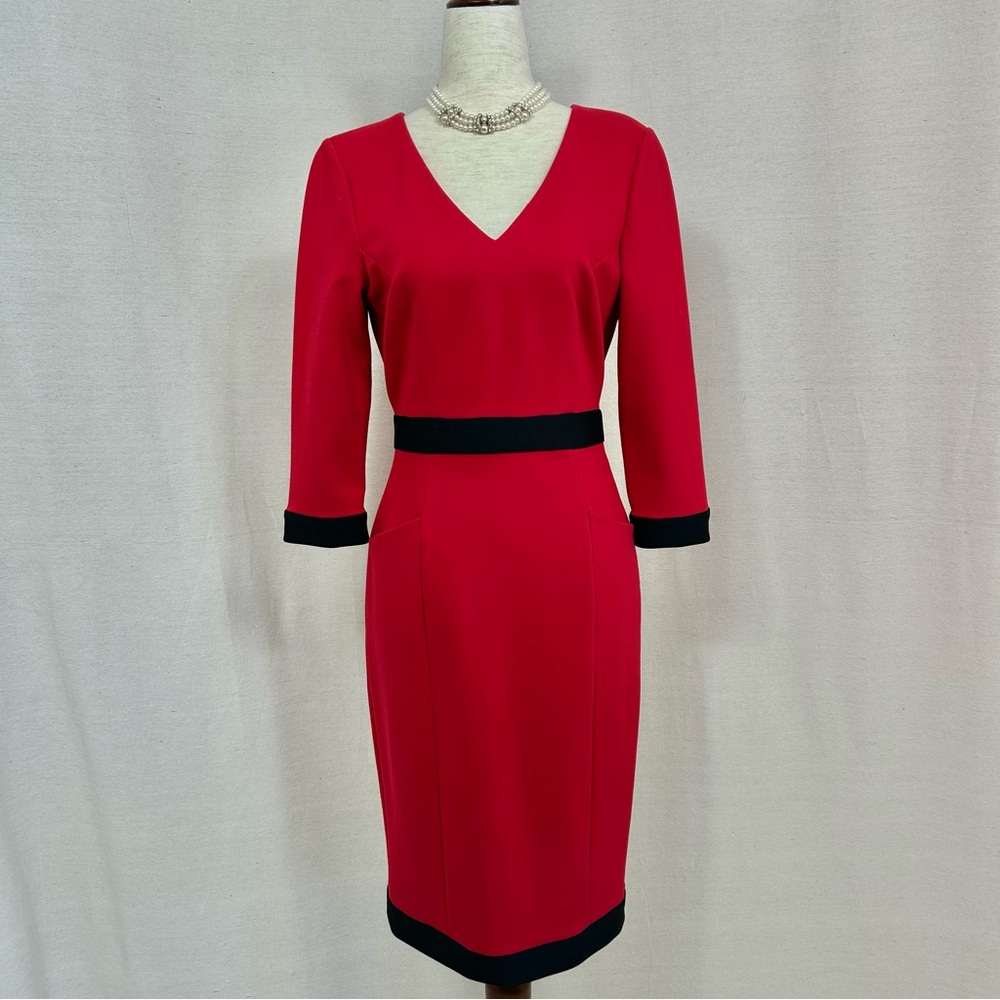 SAYLOR Red Long Sleeve V-Neck Dress with Black Trim